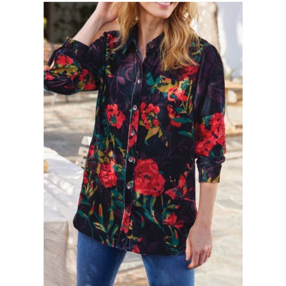 Soft Surroundings Jardim Floral Velvet Button Down Top